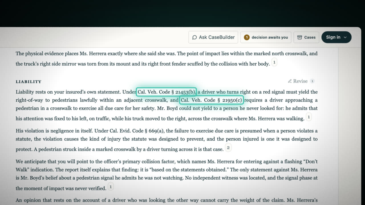 A demand letter in CaseBuilder, its legal citations highlighted