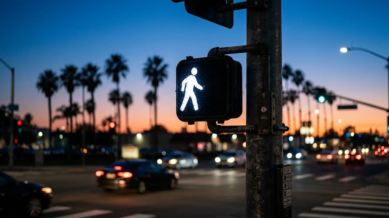 A city intersection at dusk, the walk signal lit